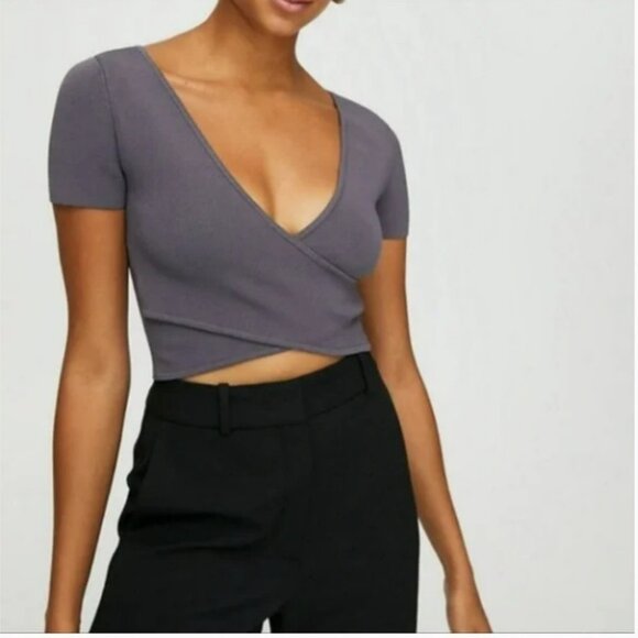 Babaton Tops - Aritzia Babaton sculpt Knit Cross Top Crop Short Sleeve Magnetic Size XS